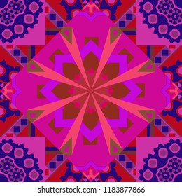 For furniture, fabric, textile. Vector geometric ornament texture with linear stars, angular geometric figures. Abstract geometric seamless pattern painted in red, blue and magenta colors.