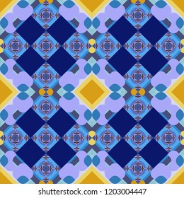 For furniture, fabric, textile. Vector geometric ornament texture with linear stars, angular geometric figures. Abstract geometric seamless pattern painted in violet, blue and neutral colors.