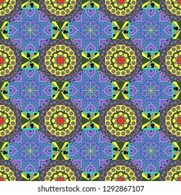 For furniture, fabric, textile. Vector geometric ornament texture with linear stars, angular geometric figures. Abstract geometric seamless pattern painted in blue, green and gray colors.