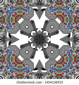 For furniture, fabric, textile. Vector geometric ornament texture with linear stars, angular geometric figures. Abstract geometric seamless pattern painted in brown, gray and blue colors.