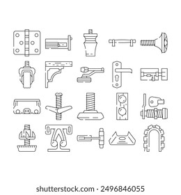 furniture fitting construction icons set vector. home house, repair carpenter, tool wood, hardware carpentry, equipment bolt furniture fitting construction black contour illustrations