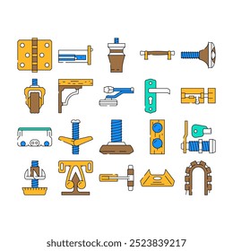 furniture fitting construction icons set vector. home house, repair carpenter, tool wood, hardware carpentry, equipment bolt furniture fitting construction color Contour Illustrations