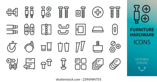 Furniture fittings hardware isolated icons set. Set of carpenter fasteners, cabinet door hinge, felt furniture pads, drawer slides, table top, kitchen facade, caster wheels vector icon