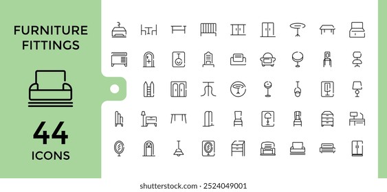 Möbelbeschläge Hardware Linie Icons Sammlung, Tischler Befestigungen, Schrank Tür Scharnier, Filz Möbel Pads, Tischplatte und mehr, Umriss Icons Set. editierbarer Strich und Pixel perfekt.