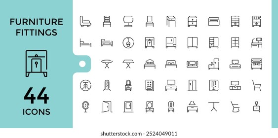 Furniture fittings hardware line icons collection, carpenter fasteners, cabinet door hinge, felt furniture pads, table top and more, outline icons set. editable stroke and pixel perfect.