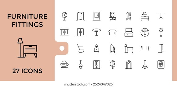 Furniture fittings hardware line icons collection, carpenter fasteners, cabinet door hinge, felt furniture pads, table top and more, outline icons set. editable stroke and pixel perfect.