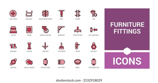 Furniture Fittings line colorful icons set. Collection of carpenter fasteners, fittings hardware and more. Editable color line and filled icon pack. Pixel perfect.