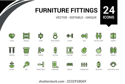 Furniture Fittings line colorful icons set. Collection of carpenter fasteners, fittings hardware and more. Editable color line and filled icon pack. Pixel perfect.