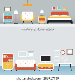 Furniture Flat Design Frame and Background, Household, Home Interior Objects