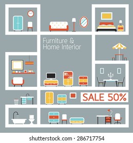 Furniture Flat Design on Shelf Display, Frame , Household, Home Interior Objects