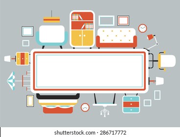 Furniture Flat Icons Frame with Copy Space, Household, Home Interior Objects