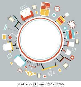 Furniture Flat Icons in Round Frame, Household, Home Interior Objects