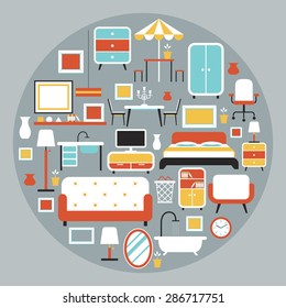 Furniture Flat Icons in Round Shape Heading, Household, Home Interior Objects