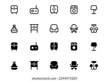 Furniture flat line icons set. wardrobe, radio, sofa, table, chair, office Chair,  lamps, ladder vector illustrations. Outline signs of house interior, editable stroke.
