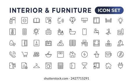 Furniture flat line icons set. Kitchen, bedroom, sofa table, bookcase closet, chair, mattress, lamps, ladder vector illustrations. Outline signs of the house interior. Furniture outline icon.