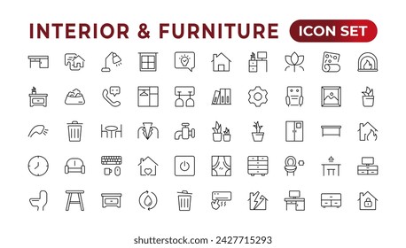 Furniture flat line icons set. Kitchen, bedroom, sofa table, bookcase closet, chair, mattress, lamps, ladder vector illustrations. Outline signs of the house interior. Furniture outline icon.