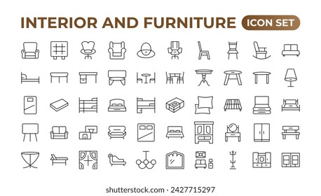 Furniture flat line icons set. Kitchen, bedroom, sofa table, bookcase closet, chair, mattress, lamps, ladder vector illustrations. Outline signs of the house interior. Furniture outline icon.