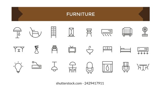 Furniture flat line icons set. House modern interior indoor and outdoor furniture icons set.