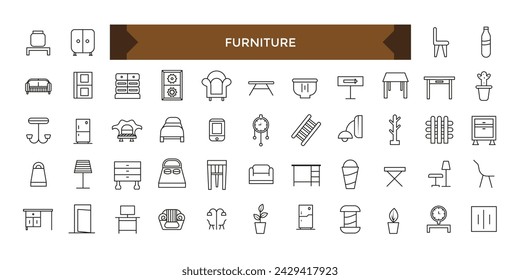 Furniture flat line icons set. House modern interior indoor and outdoor furniture icons set.