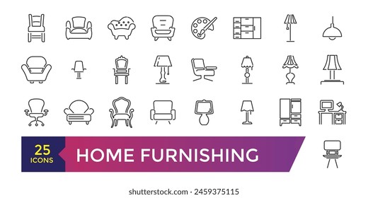 Furniture flat line icons set. Outline signs of house interior, editable stroke.