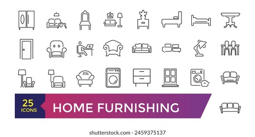 Furniture flat line icons set. Outline signs of house interior, editable stroke.