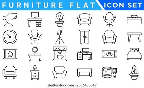 Furniture flat line icons set. Kitchen, bedroom, sofa table, bookcase closet, chair, mattress, lamps, ladder vector illustrations.