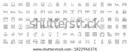 Furniture flat line icons set. Kitchen, bedroom, sofa table, bookcase closet, chair, mattress, lamps, ladder vector illustrations. Outline signs of house interior, editable stroke.