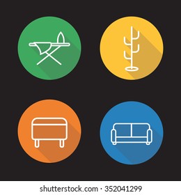 Furniture flat linear icons set. Ottoman furniture, ironing board, hanger stand and couch symbols. Home interior. Long shadow outline logo concepts. Vector line art illustrations