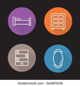 Furniture flat linear icons set. Bed, nightstand, bookcase and wall mirror symbols. Room interior items. Long shadow outline logo concepts. Vector line art illustrations