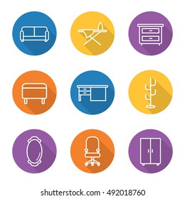 Furniture flat linear long shadow icons set. Room interior. Couch, wall mirror, wardrobe, bedside table, ironing board, writing desk, ottoman, hanger, computer chair on wheels. Vector line symbols