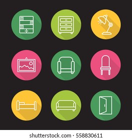 Furniture flat linear long shadow icons set. Bookcase, dresser, desk lamp, wall picture, armchair, chair, bed, sofa and open door exit. Vector line illustration