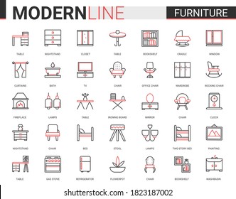 Furniture flat thin red black line icons vector illustration set, outline finishing items decorate home or office room interior, linear decor symbols collection with chair lamp table bed bookshelf tv