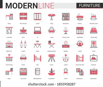 Mobiliario lisos iconos delgados de línea negra roja conjunto de ilustraciones vectoriales, elementos de acabado de contorno decoran el interior de la casa o de la oficina, decoración lineal colección de símbolos con lámpara de silla mesa cama estante tv