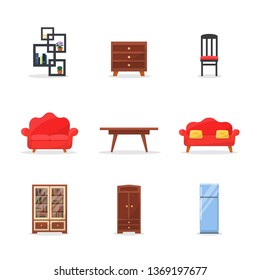 Furniture flat vector illustrations set. Living room red luxury sofa. Dining room wooden table, chair. Private office bookshelf isolated clipart. Modern refrigerator. Room interior design elements