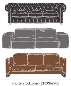Furniture flat vector set with grey and brown sofa. Modern interior details isolated. 