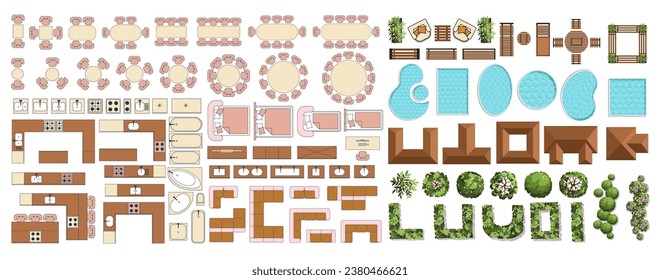 Furniture for the floor plan and master plan. Top view of furniture, trees, polls, houses, etc. Perfect for interior mood boards and planning sketches. Architectural.