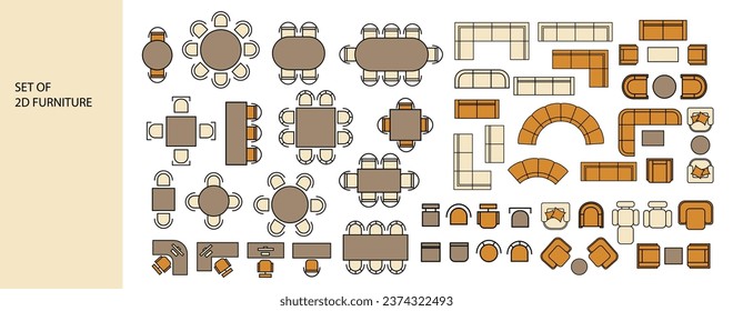 Furniture for the floor plan. Top view tables, beds, chairs, sofas, wardrobes, etc. Perfect for interior mood boards and planning sketches. Architectural.