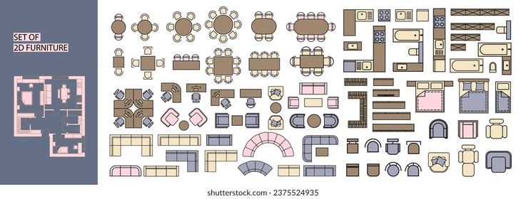 Furniture for the floor plan. Top view tables, beds, chairs, sofas, wardrobes, kitchen furniture, etc. Perfect for interior mood boards and planning sketches. Architectural.