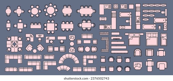 Furniture for the floor plan. Top view tables, beds, chairs, sofas, wardrobes, kitchen furniture, etc. Perfect for interior mood boards and planning sketches. Architectural.