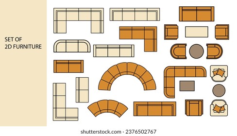 Möbel für den Grundriss. Sofas, Sessel und Couchtische mit Aussicht. Perfekt für die Innenausstattung der Modeboards und für die Planung von Skizzen. Architektur.