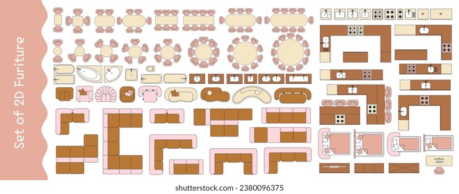 Furniture for the floor plan. Top view tables, beds, chairs, sofas, wardrobes, kitchen furniture, etc. Perfect for interior mood boards and planning sketches. Architectural.