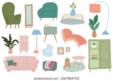 Furniture and flowers set in cartoon style. Set of stylish furniture illustrations in a colorful style, ideal for adding a touch of personality and liveliness to interior design. Vector illustration.