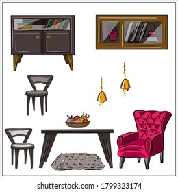 Furniture, furnishings and design. Set the interior: Chairs, table, armchair, chest of drawers, nightstand, chandelier, fruit plate, a shelf of books. Isolated vector objects.