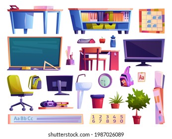 Furniture and gadgets, personal belongings of pupils, isolated school classroom elements. Table with books, tv set and magnetophone, decorative plants and food of students. Flat cartoon vector