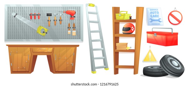 Furniture for garage mechanic. The auto car sign, and shelf with motorcycle helmet and a board with tools. Vector cartoon illustration