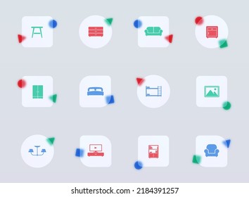 furniture glass morphism trendy style icons. furniture transparent glass color vector icon with color figures. for web and ui design, mobile apps and promo business advertising