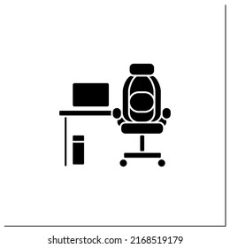 Furniture glyph icon. Comfortable table and armchair for playing games. Office, game room. Cybersport concept. Filled flat sign. Isolated silhouette vector illustration