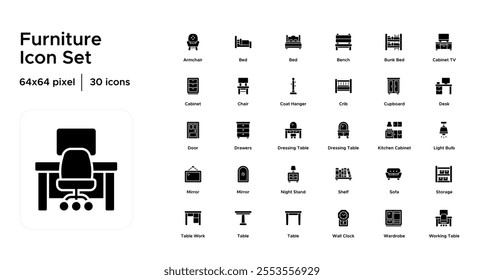 Furniture Glyph Icon Set: Sofas, Tables, Chairs, Beds, Storage Units, and Living Room Essentials