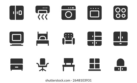 Furniture glyph icons pack for web design. Solid icon set with refrigerator, air conditioner, washing machine, stove, hob, computer, bed, armchair, cabinet and more pictograms. Vector illustration.
