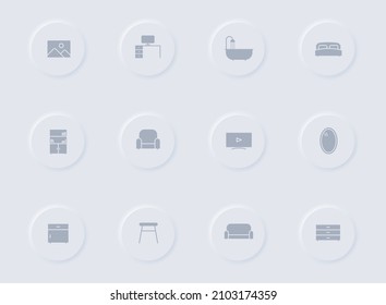 furniture gray vector icons on round rubber buttons. furniture icon set for web, mobile apps, ui design and promo business polygraphy